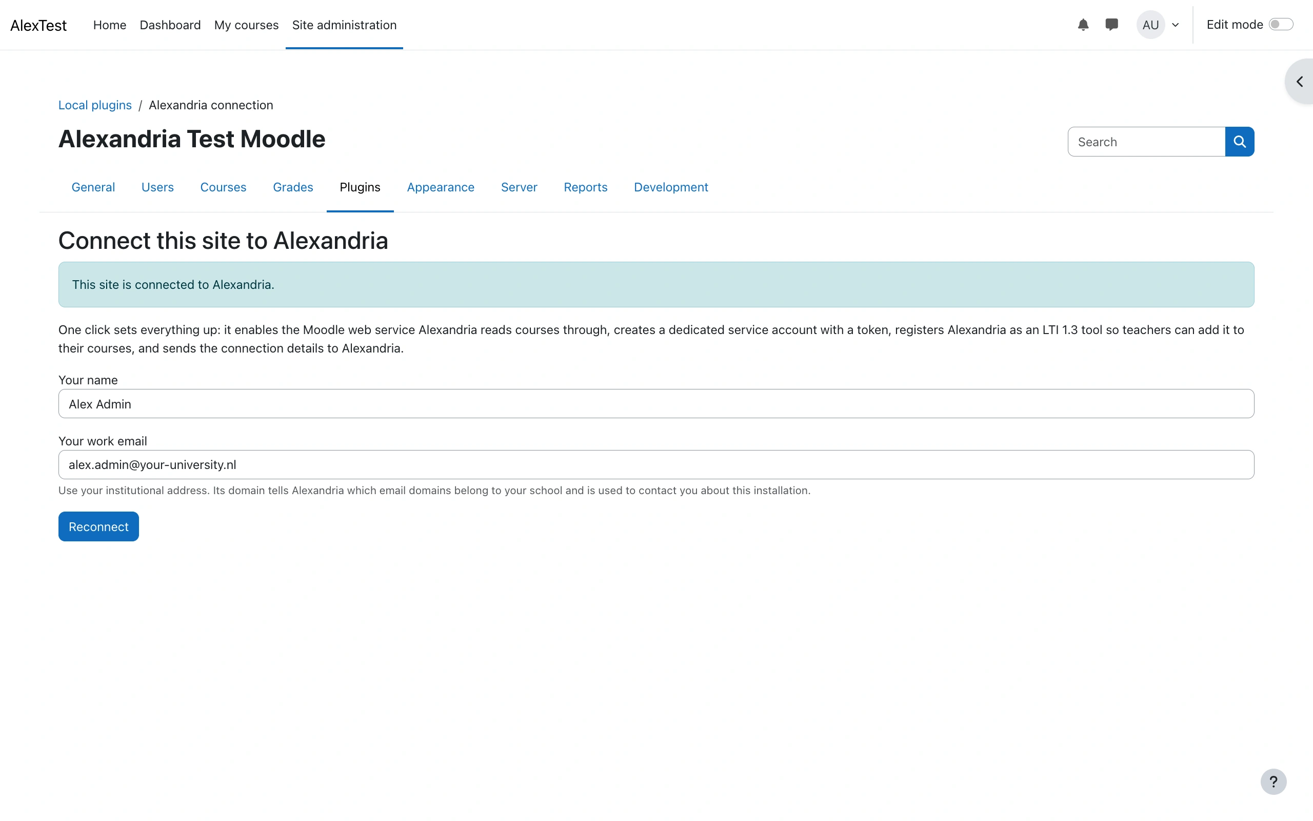 The Alexandria connection page under Local plugins in Moodle site administration, showing a Your name field, a Your work email field and a Reconnect button, with a banner reading This site is connected to Alexandria