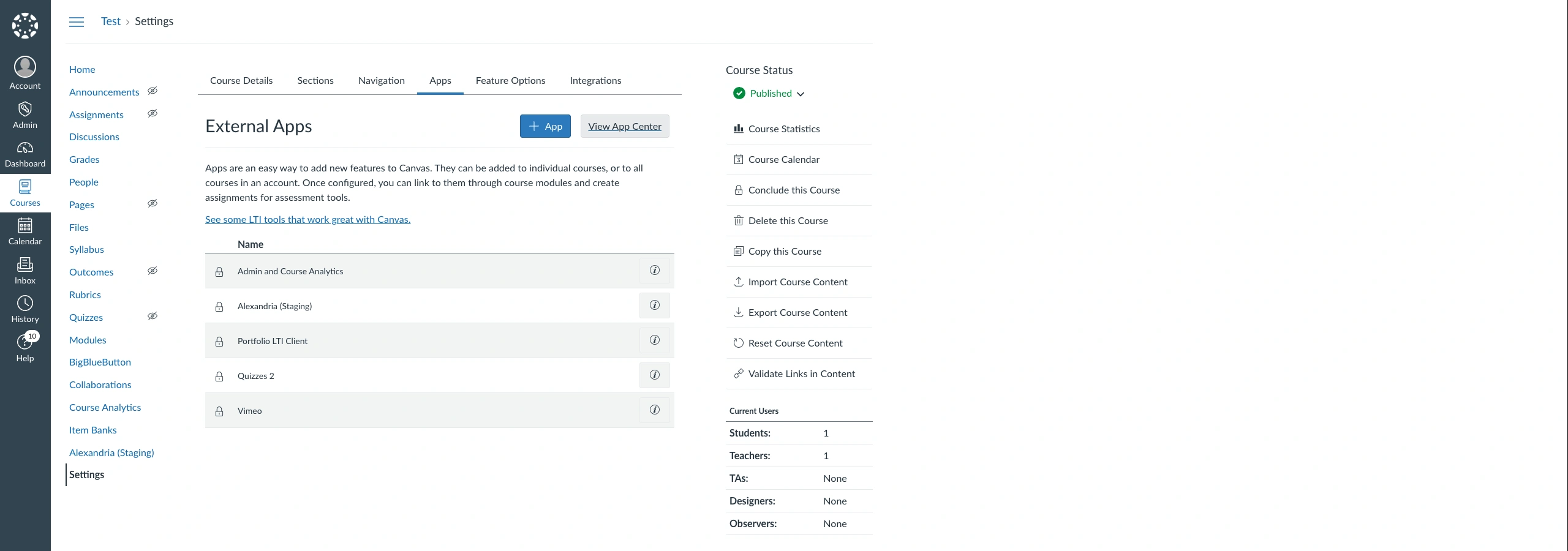A Canvas course's Settings → Apps tab, External Apps list, showing Alexandria (Staging) among Admin and Course Analytics, Portfolio LTI Client, Quizzes 2 and Vimeo, each with a padlock icon marking it as installed at account level, while the course navigation menu on the left shows an Alexandria (Staging) entry