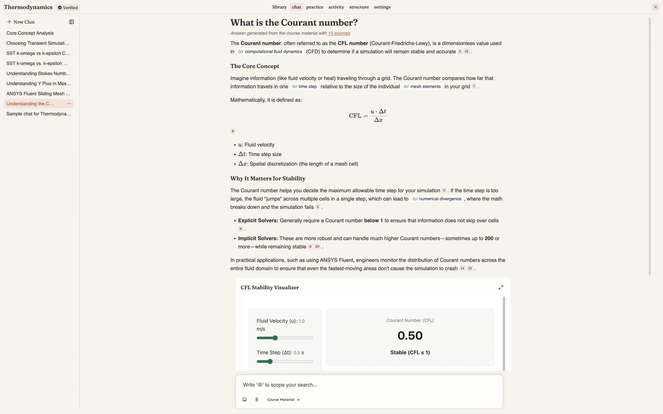 A course chat answer to 'What is the Courant number?' with the line 'Answer generated from the course material with 15 sources' beneath the question, numbered citation chips such as 3, 5, 6, 10, 13, 14 and 15 placed inline after individual claims, the CFL formula rendered as mathematics, glossary terms like time step and mesh elements marked inline, and an embedded CFL Stability Visualizer at the foot of the answer