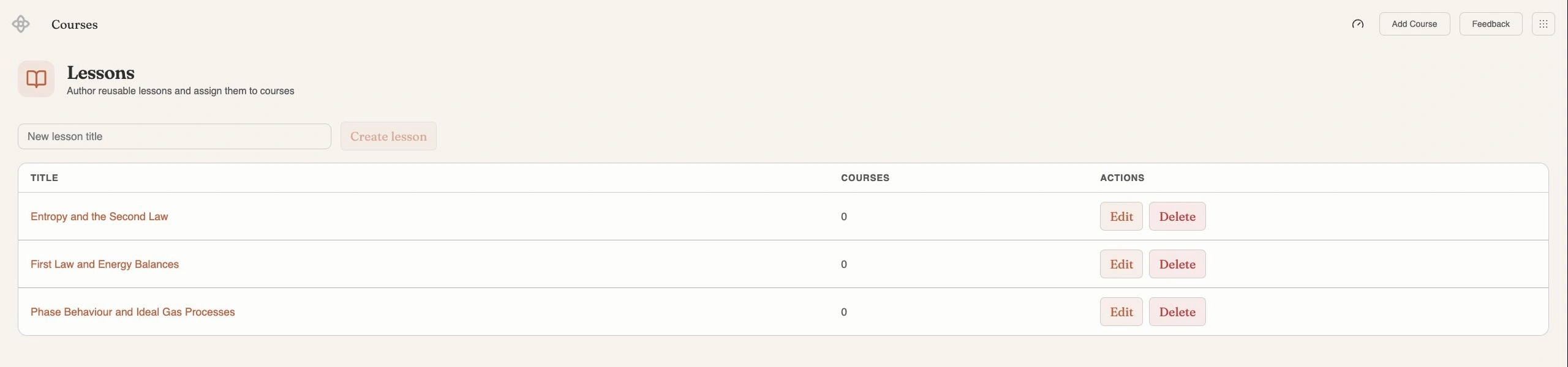 The Lessons page subtitled Author reusable lessons and assign them to courses, with a New lesson title field and a Create lesson button above a table of three lessons, Entropy and the Second Law, First Law and Energy Balances, and Phase Behaviour and Ideal Gas Processes, each with a Courses count of 0 and Edit and Delete actions