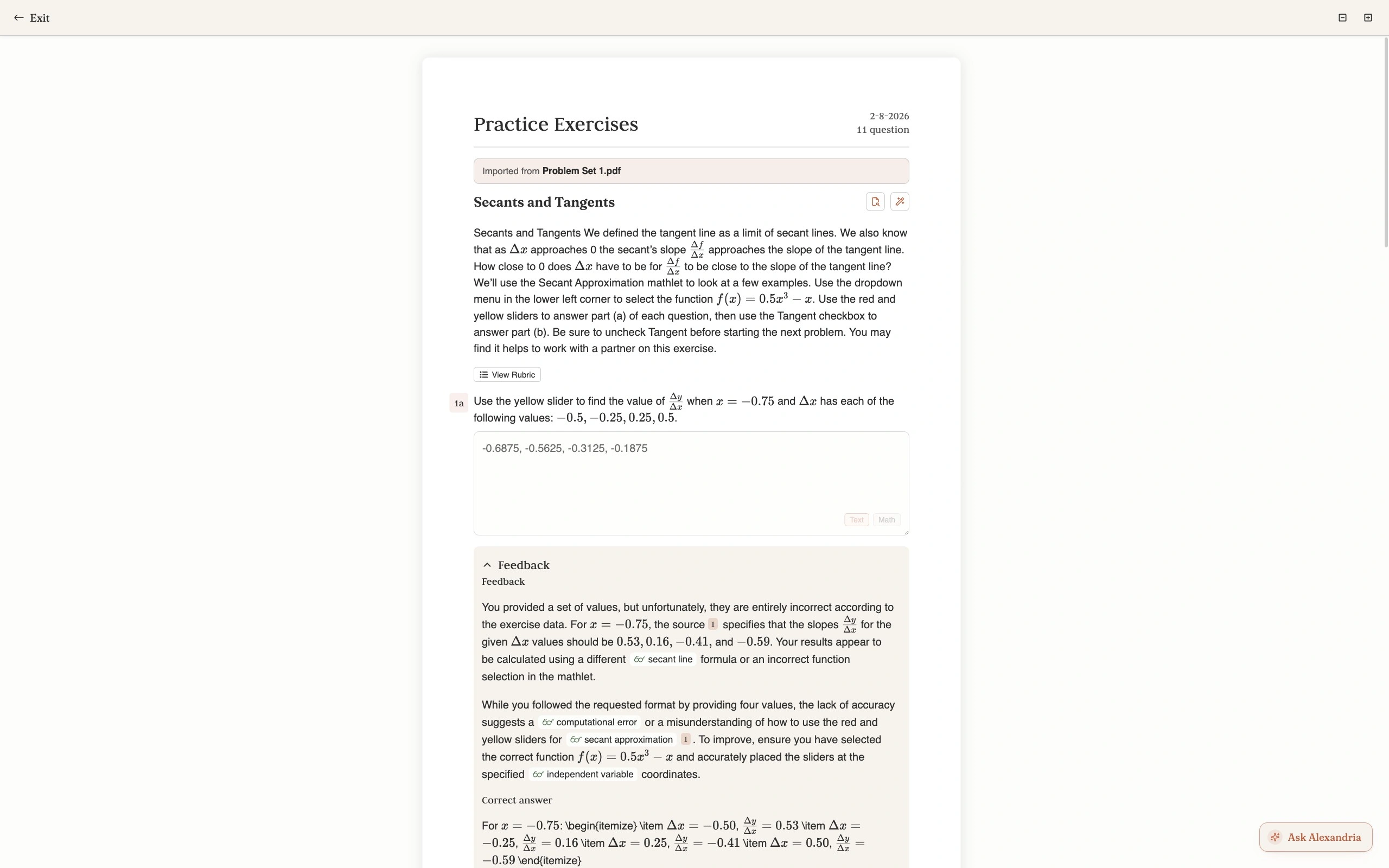 A practice exercise headed Secants and Tangents, marked Imported from Problem Set 1.pdf, with sub-question 1a asking for values of the secant slope, a typed answer in the box below it, and a Feedback panel underneath explaining which values were expected, why the submitted ones were wrong, and carrying a numbered citation chip back to the source