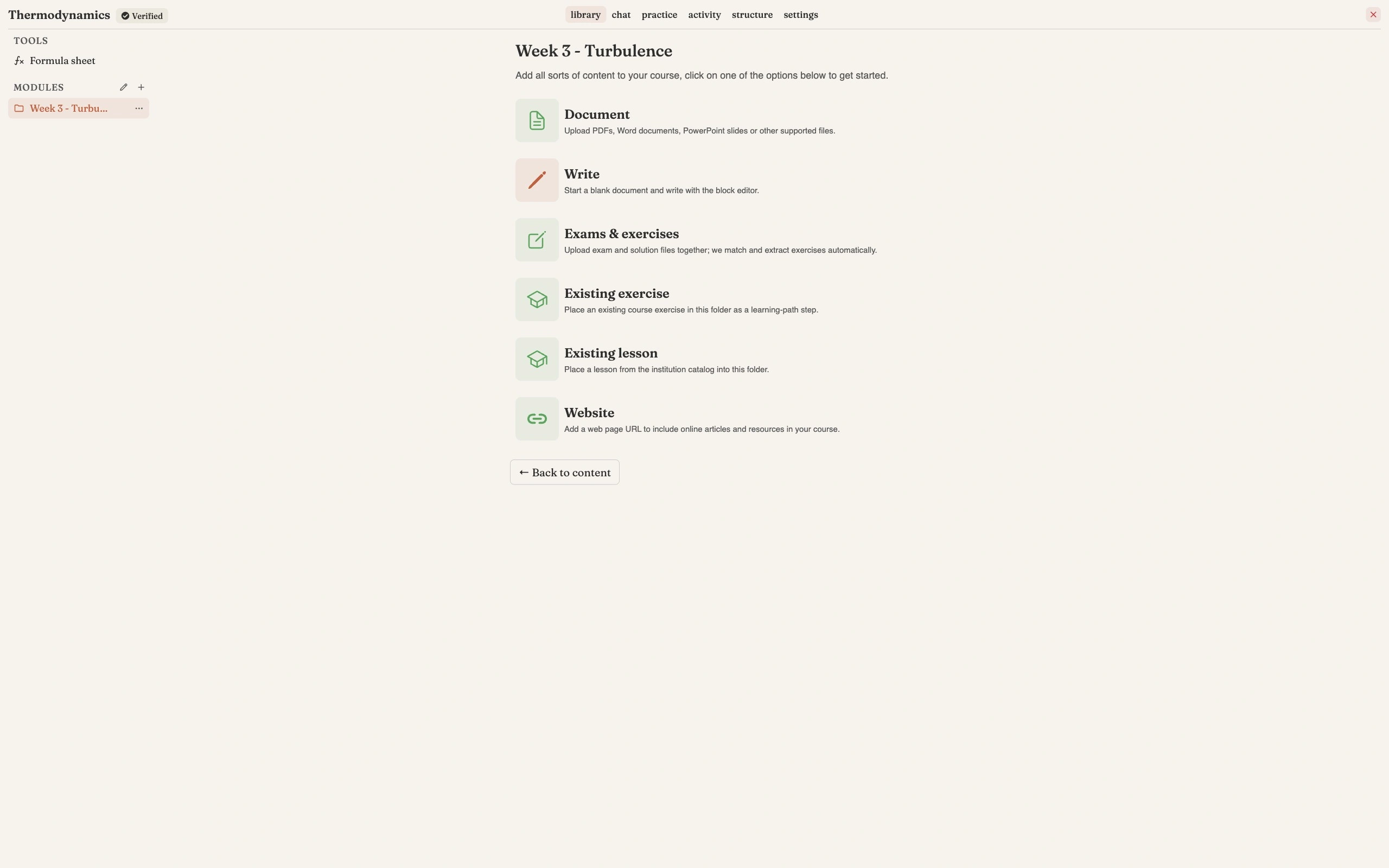 The add-content screen listing six options: Document, Write, Exams and exercises, Existing exercise, Existing lesson, and Website, each with a one-line description
