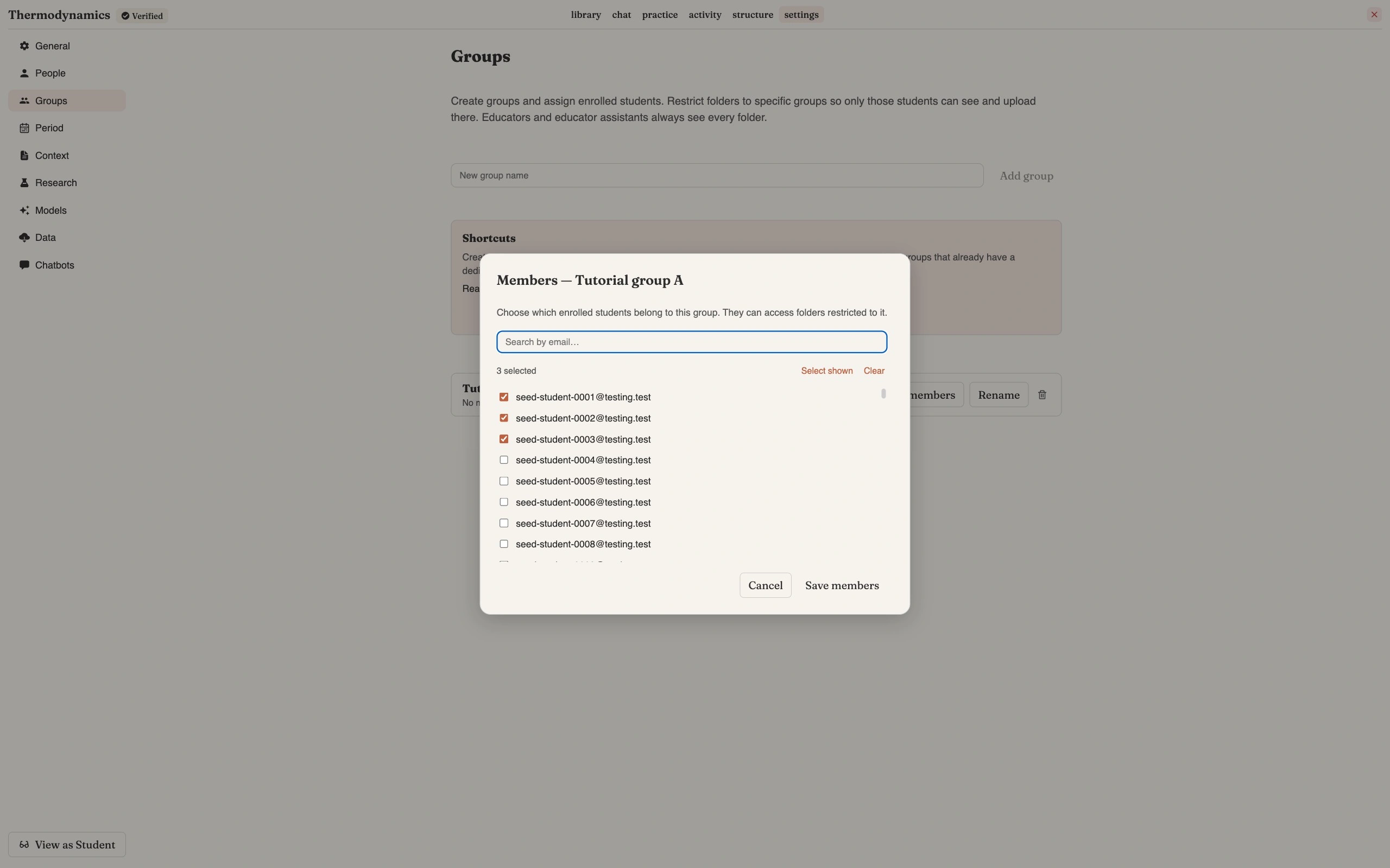 The Members dialog for a group called Tutorial group A, with a search by email field, a count of three selected, and a scrolling checkbox list of enrolled student email addresses